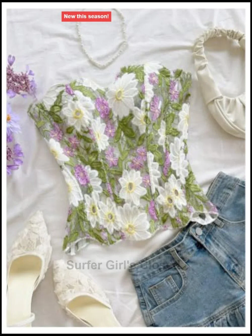 Women's Floral Embroidered Corset Bustier Strapless Lace Up Back Tube Top